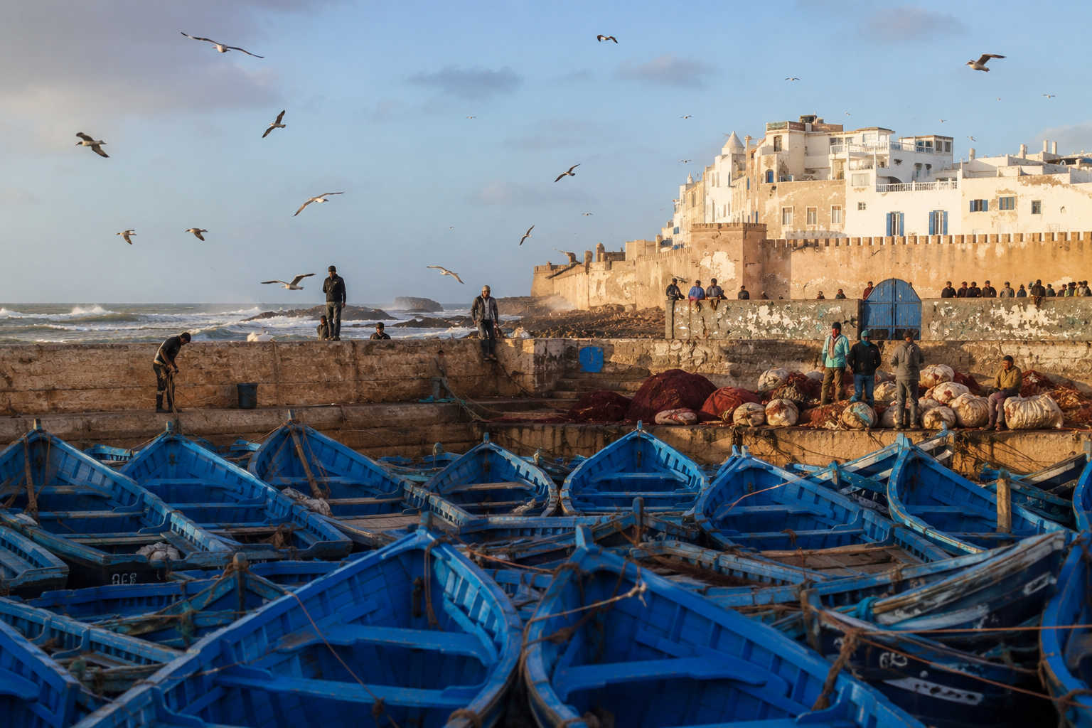 Blue fishing boats in Essaouira harbour